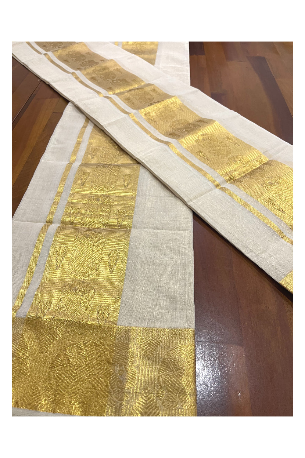 Southloom Premium Handloom Tissue Single Set Mundu with Elephant Kasavu Woven Design Border 2.80 Mtrs