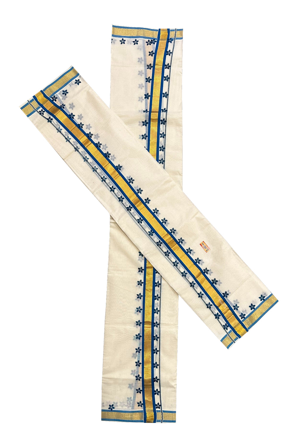 Kerala Cotton Kasavu Single Set Mundu (Mundum Neriyathum) with Blue Block Prints on Border 2.80 Mtrs