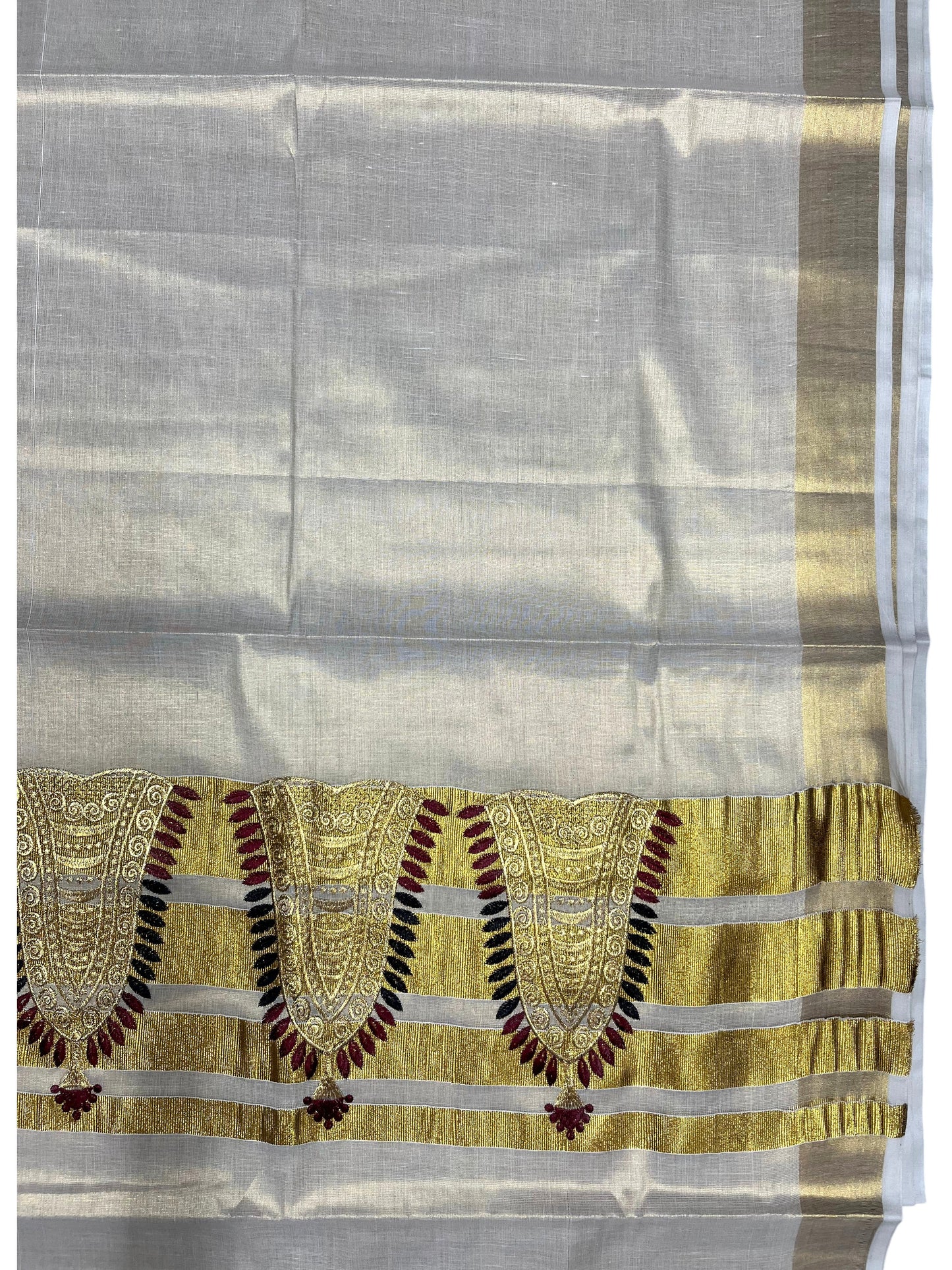 Southloom Tissue Kerala Kasavu Saree with Nettipattam Embroidery Designs on Body SL539