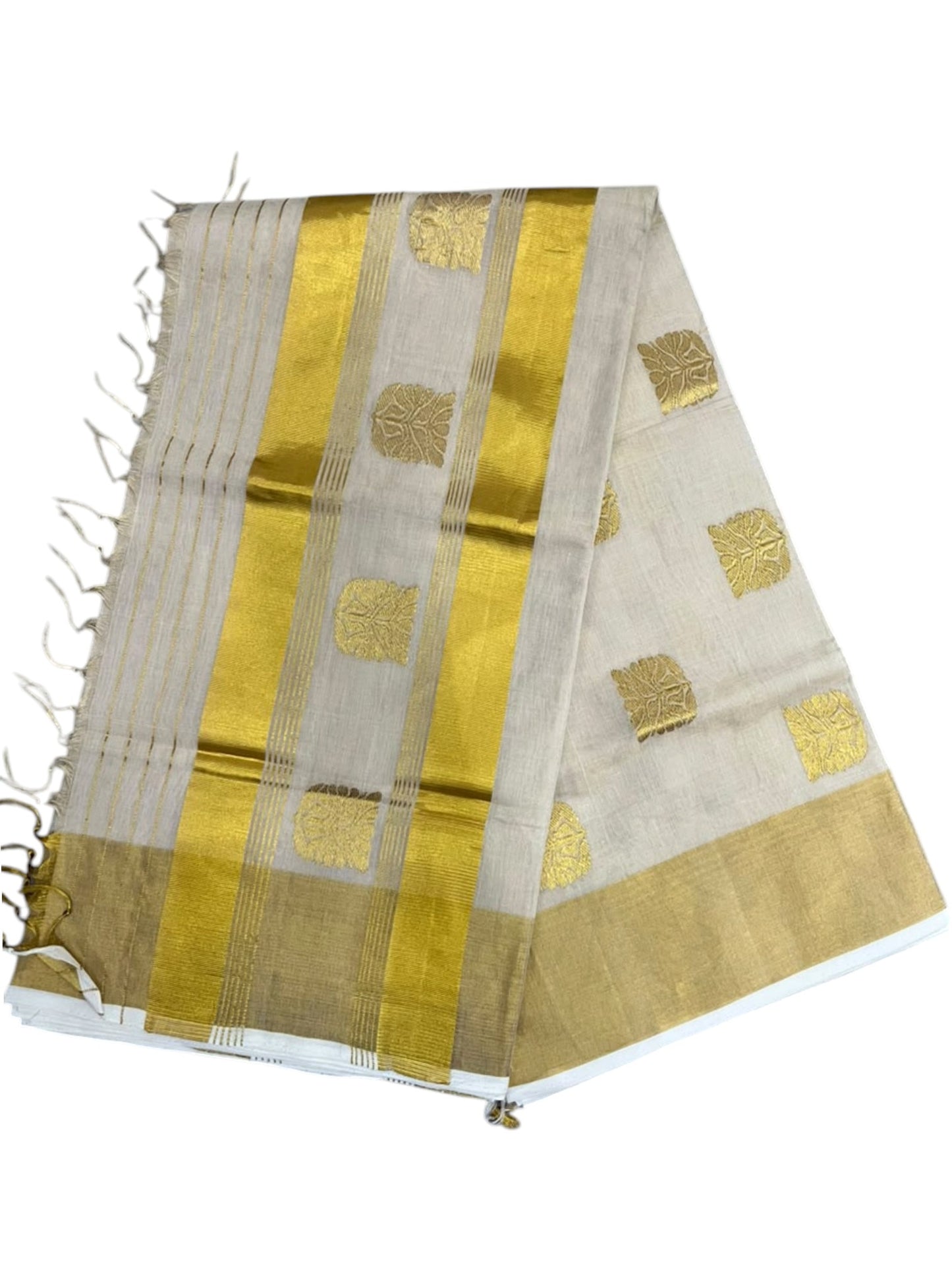 Southloom Super Premium Balaramapuram Handloom Tissue Saree with Gold Butta Design and Gold Kasavu Border