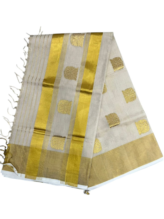 Southloom Super Premium Balaramapuram Handloom Tissue Saree with Gold Butta Design and Gold Kasavu Border