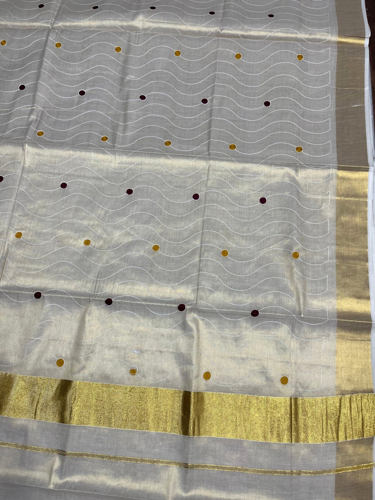 Southloom Kerala Tissue Kasavu Saree with Yellow and Maroom Polka with Embroidery Works