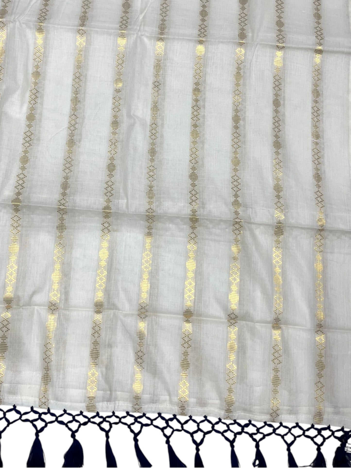 Southloom Kerala Cotton Kasavu Saree with Stripes on Body and Blue Tussels
