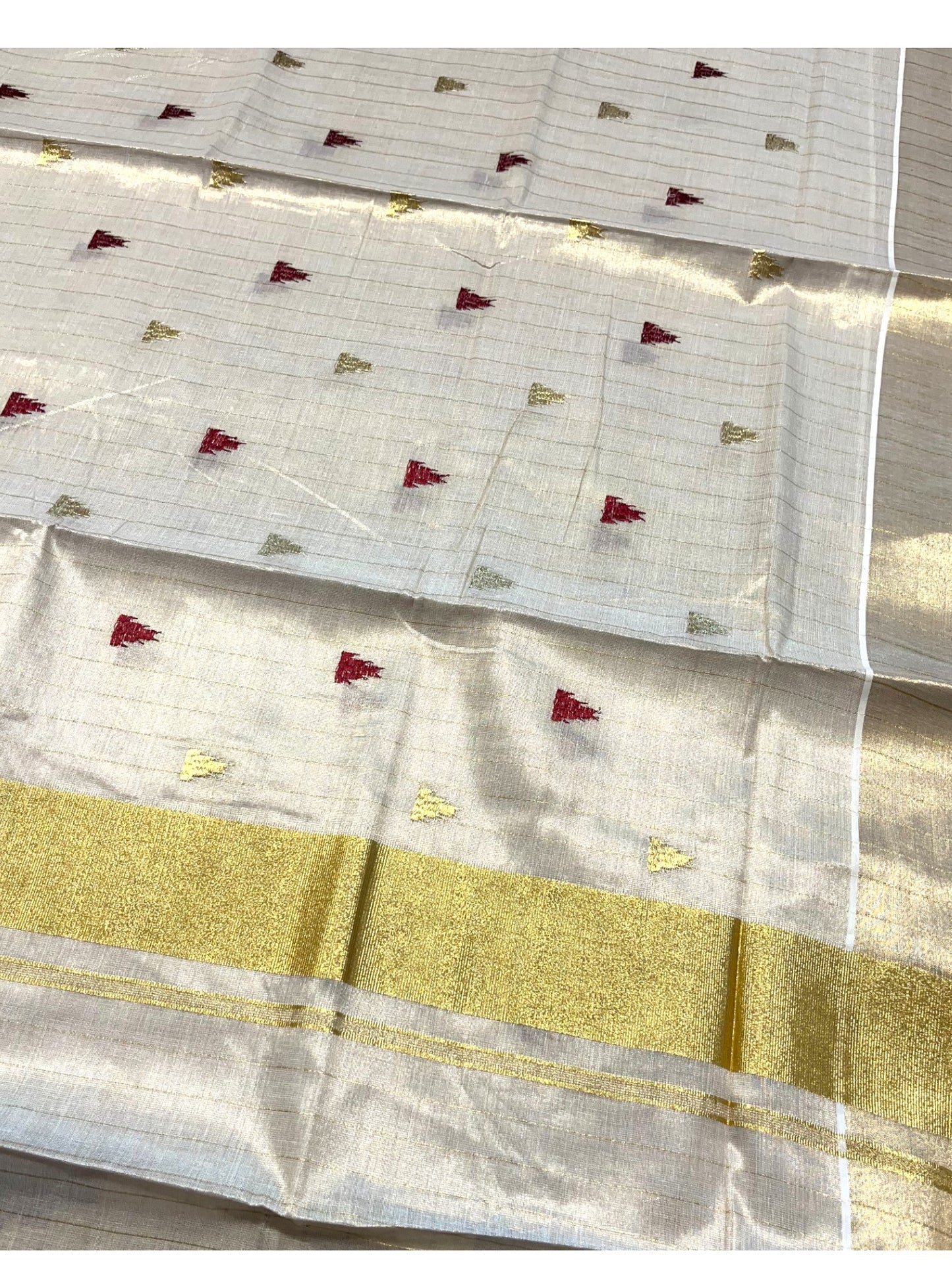 Southloom Kerala Tissue Kasavu Stripes Saree With Maroon Temple Embroidery on Body