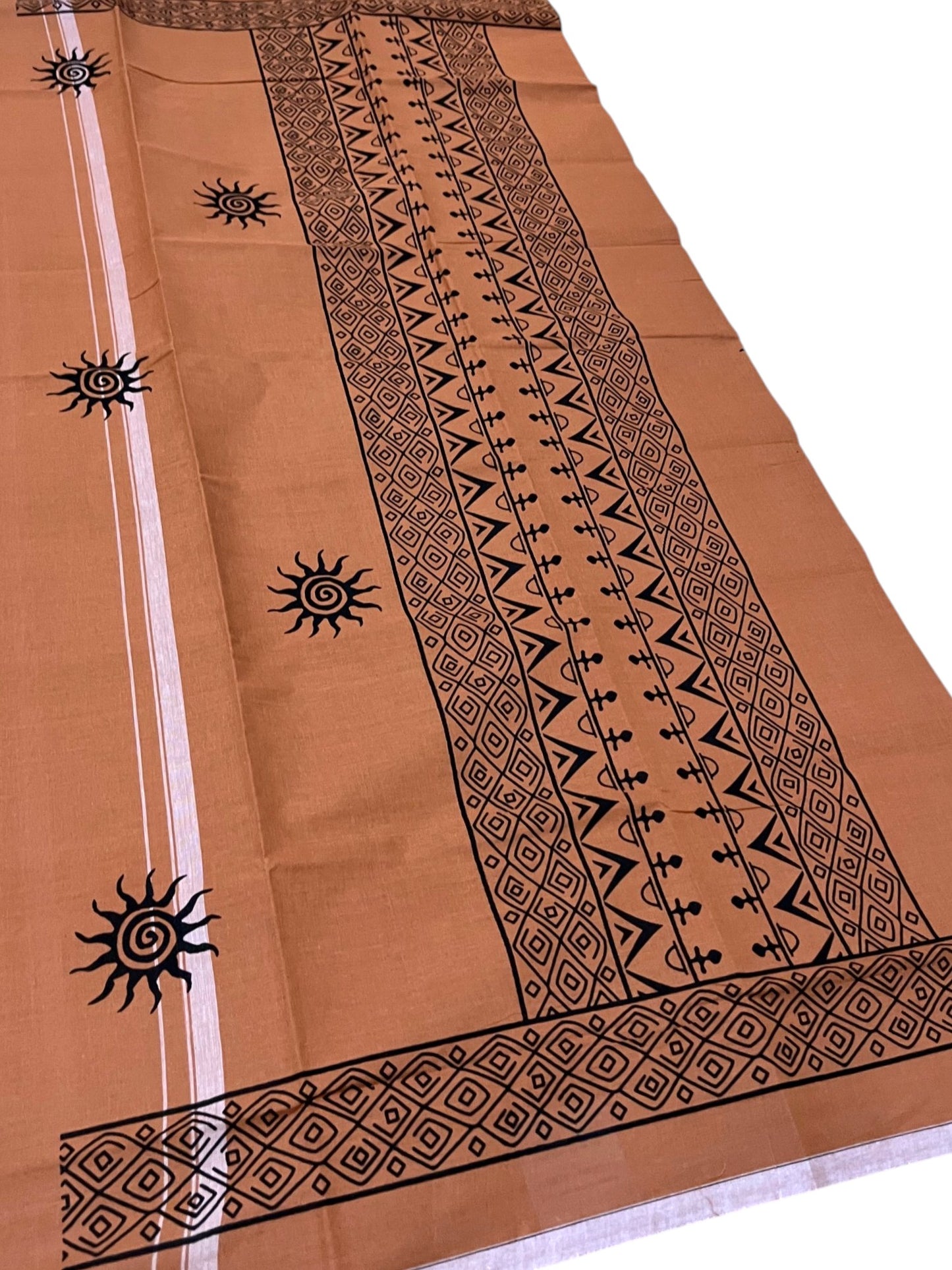 Southloom Saffron (Kaavi) Black Printed Single Mundu / Lungi (South Indian Kerala Dhoti) SL319
