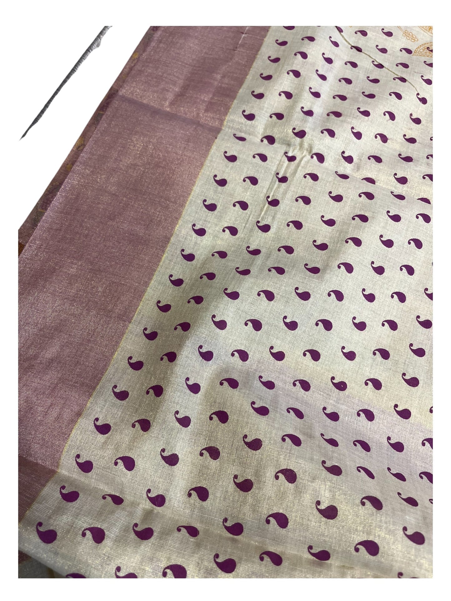 Southloom Kerala Tissue Kasavu Saree Violet Hand Printed