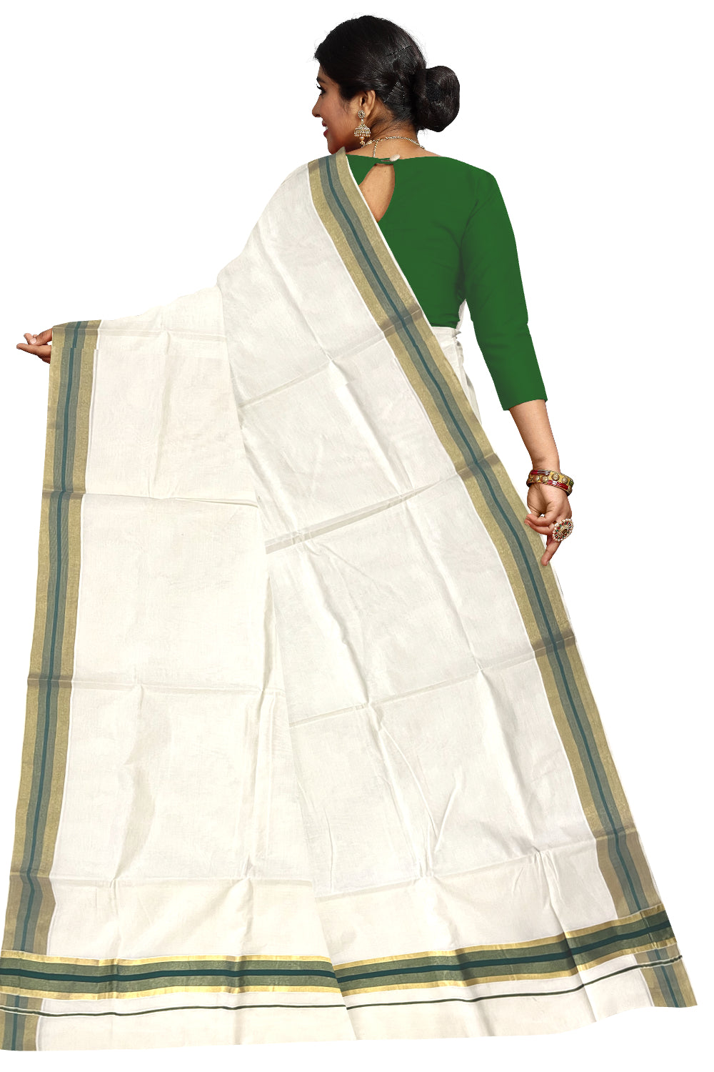 Kerala Pure Cotton Saree with Kasavu and Green Border (Onam Saree 2023)