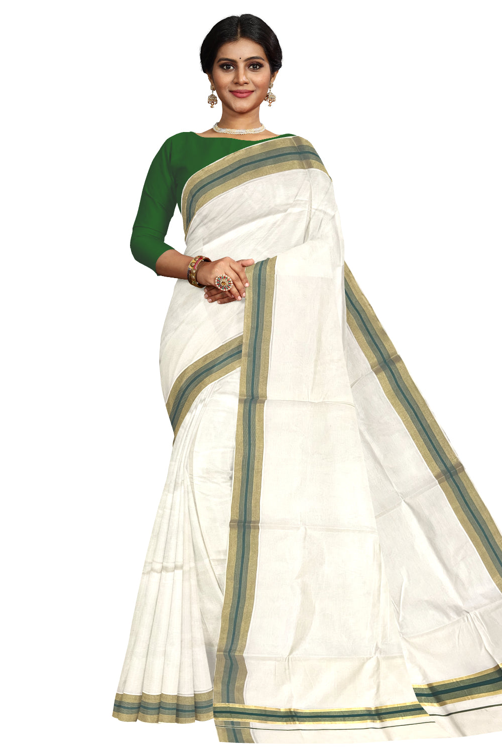 Kerala Pure Cotton Saree with Kasavu and Green Border (Onam Saree 2023)