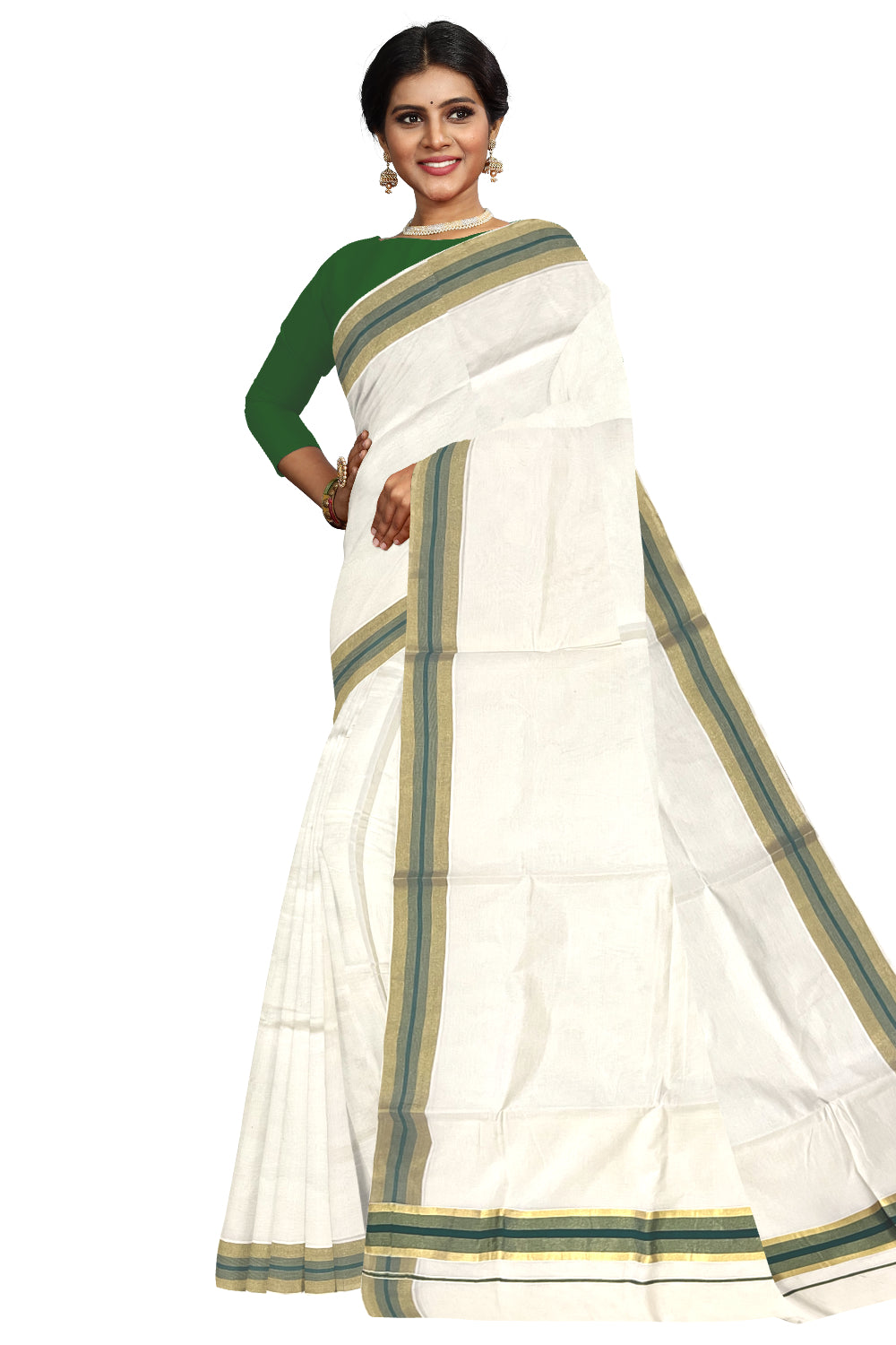 Kerala Pure Cotton Saree with Kasavu and Green Border (Onam Saree 2023)