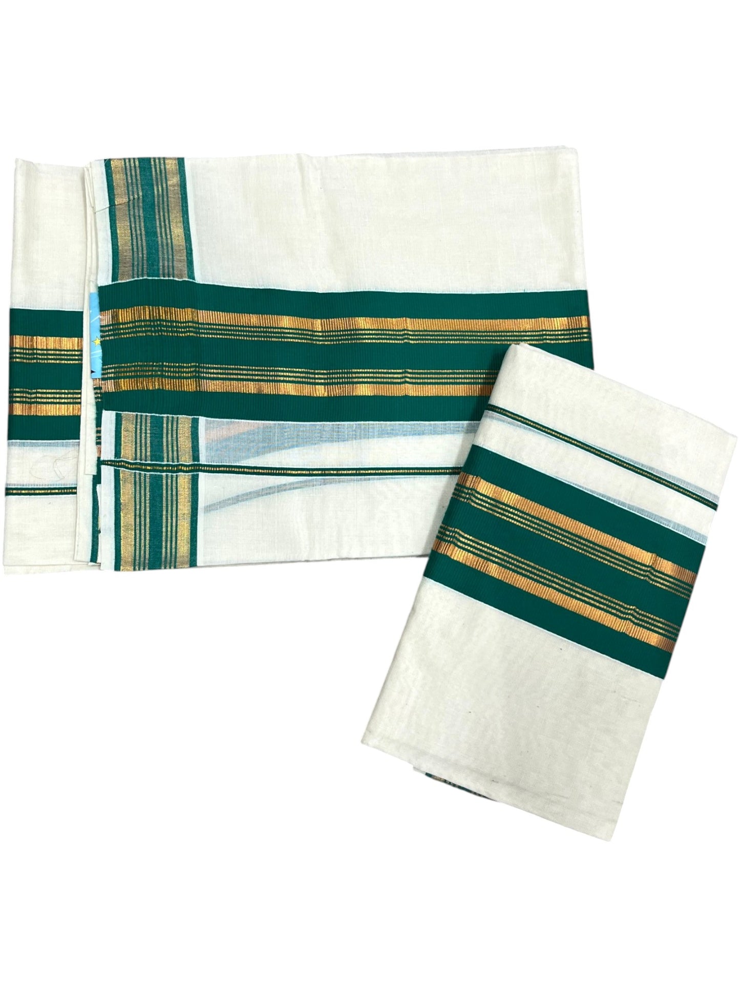 Kerala Cotton Set Mundu (Mundum Neriyathum) with Kasavu and Light Green Border in 2.80 Mtrs SLKK SL470