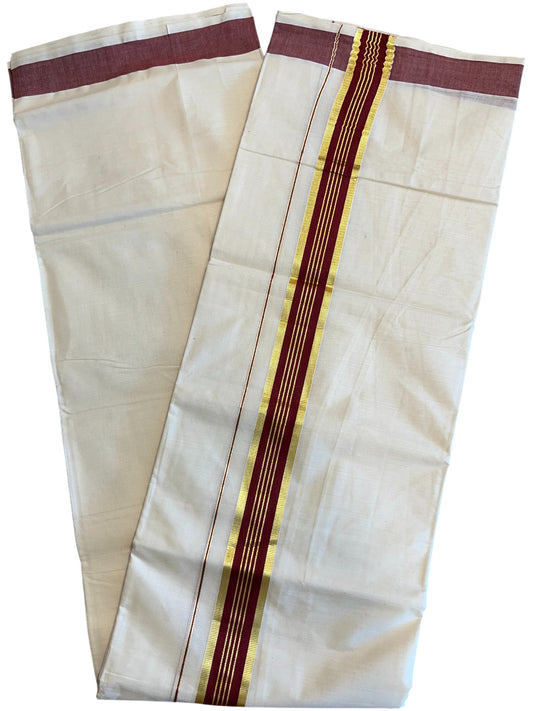 Southloom Pure Cotton Mundu with Gold Kasavu and  Red Border (South Indian Kerala Dhoti)