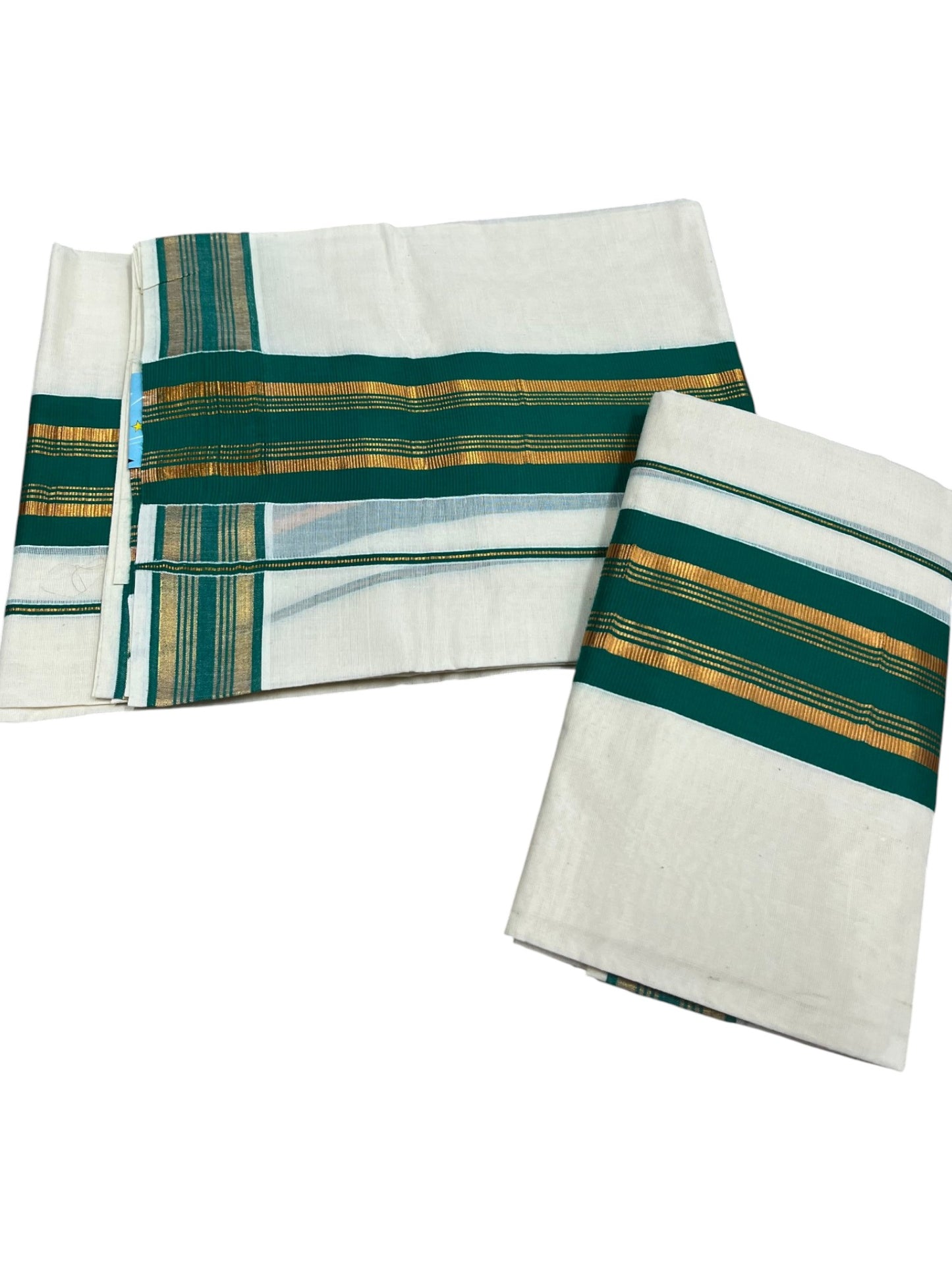 Kerala Cotton Set Mundu (Mundum Neriyathum) with Kasavu and Light Green Border in 2.80 Mtrs SLKK SL470