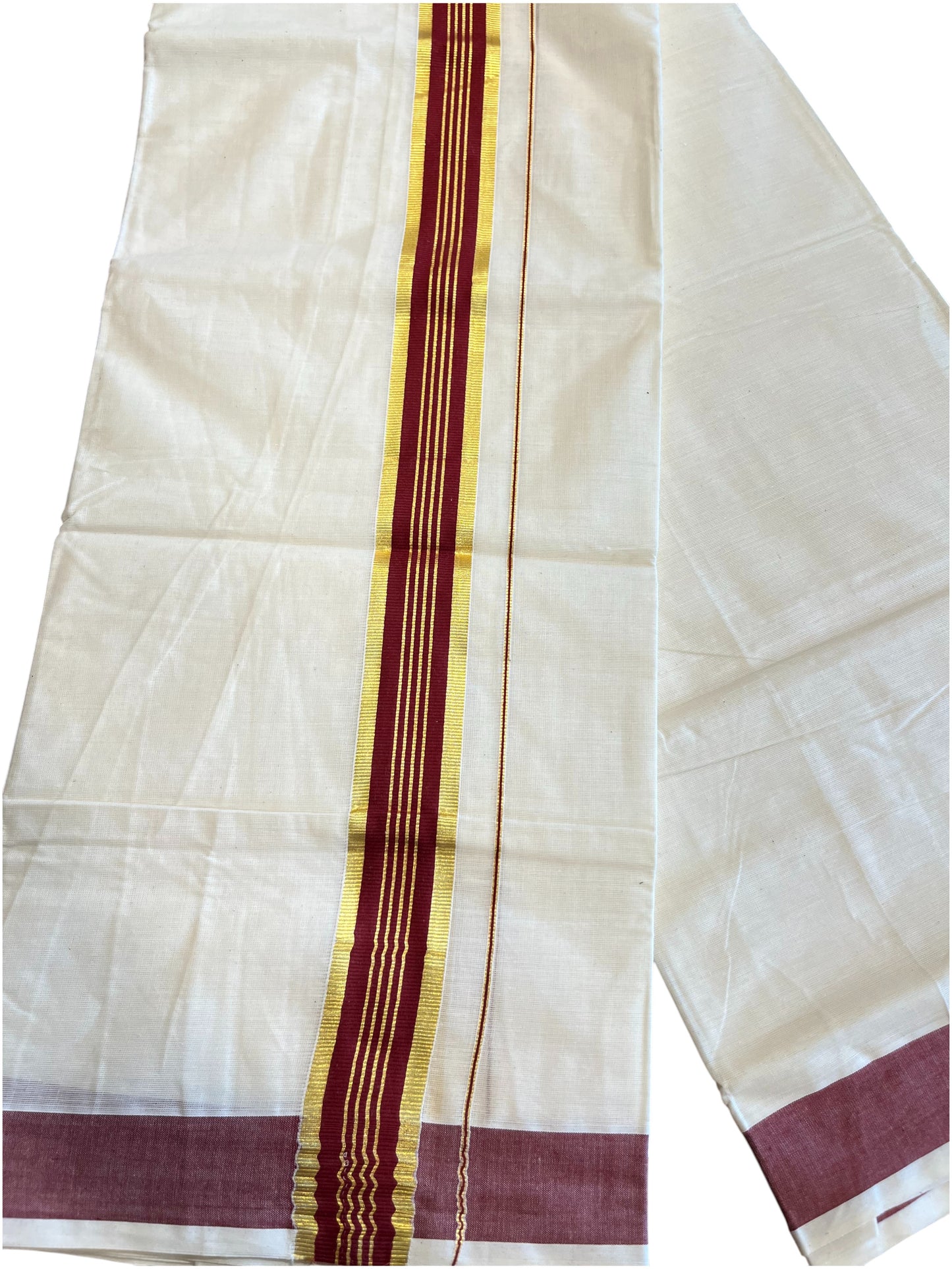 Southloom Pure Cotton Mundu with Gold Kasavu and  Red Border (South Indian Kerala Dhoti)