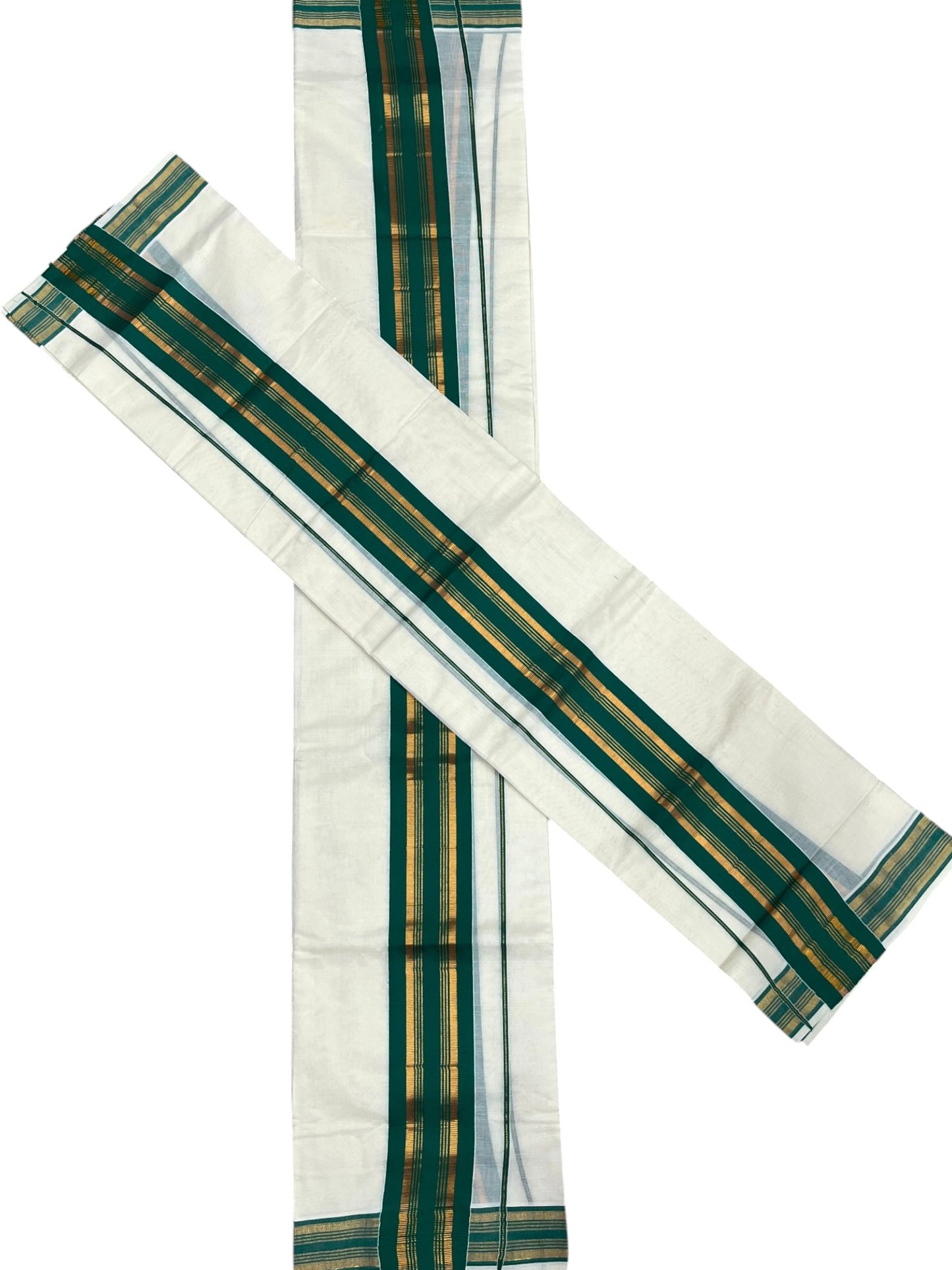 Kerala Cotton Set Mundu (Mundum Neriyathum) with Kasavu and Light Green Border in 2.80 Mtrs SLKK SL470