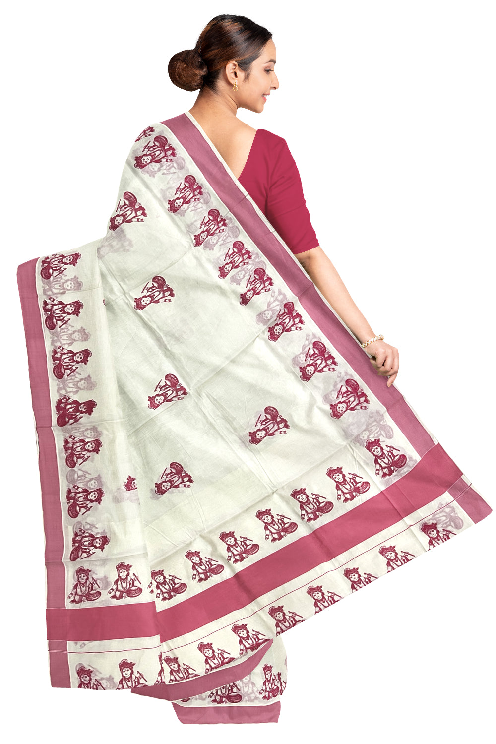 Pure Cotton Kerala Saree with Pink Krishna Block Printed Border