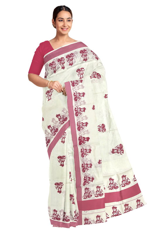 Pure Cotton Kerala Saree with Pink Krishna Block Printed Border