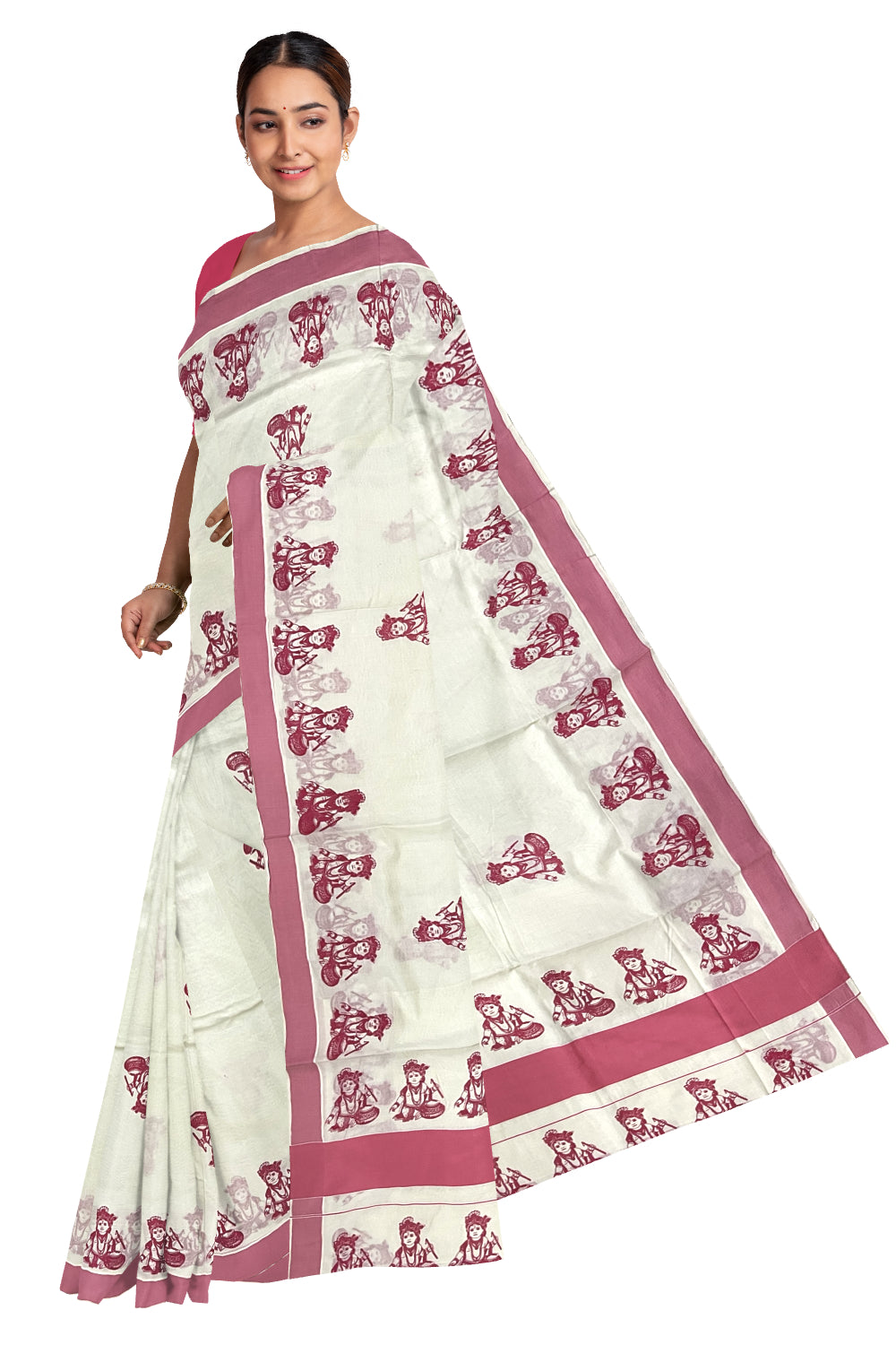 Pure Cotton Kerala Saree with Pink Krishna Block Printed Border