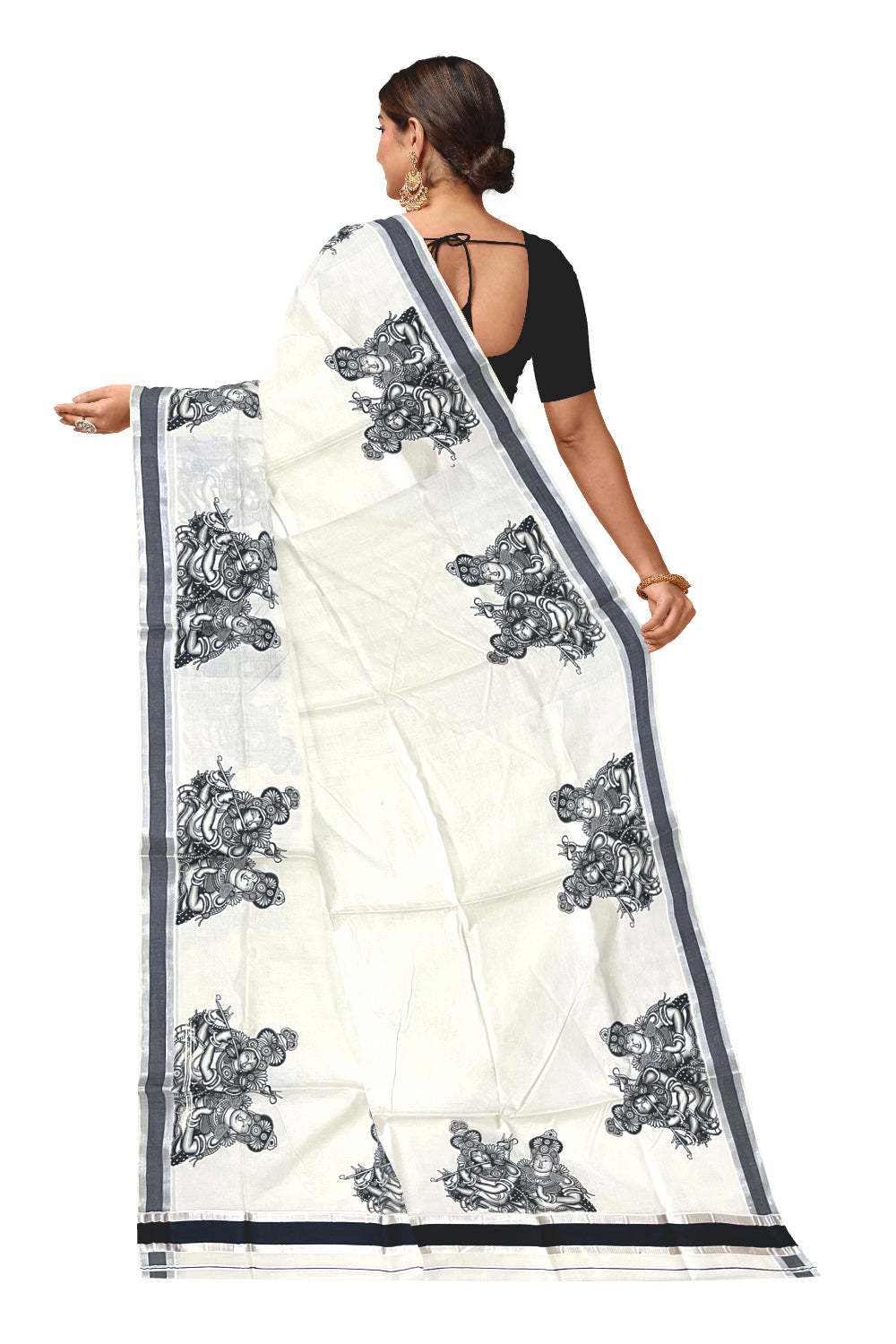 Pure Cotton Kerala Silver Kasavu Saree with Krishna Radha Mural Prints and Black Border (Onam Saree 2023)