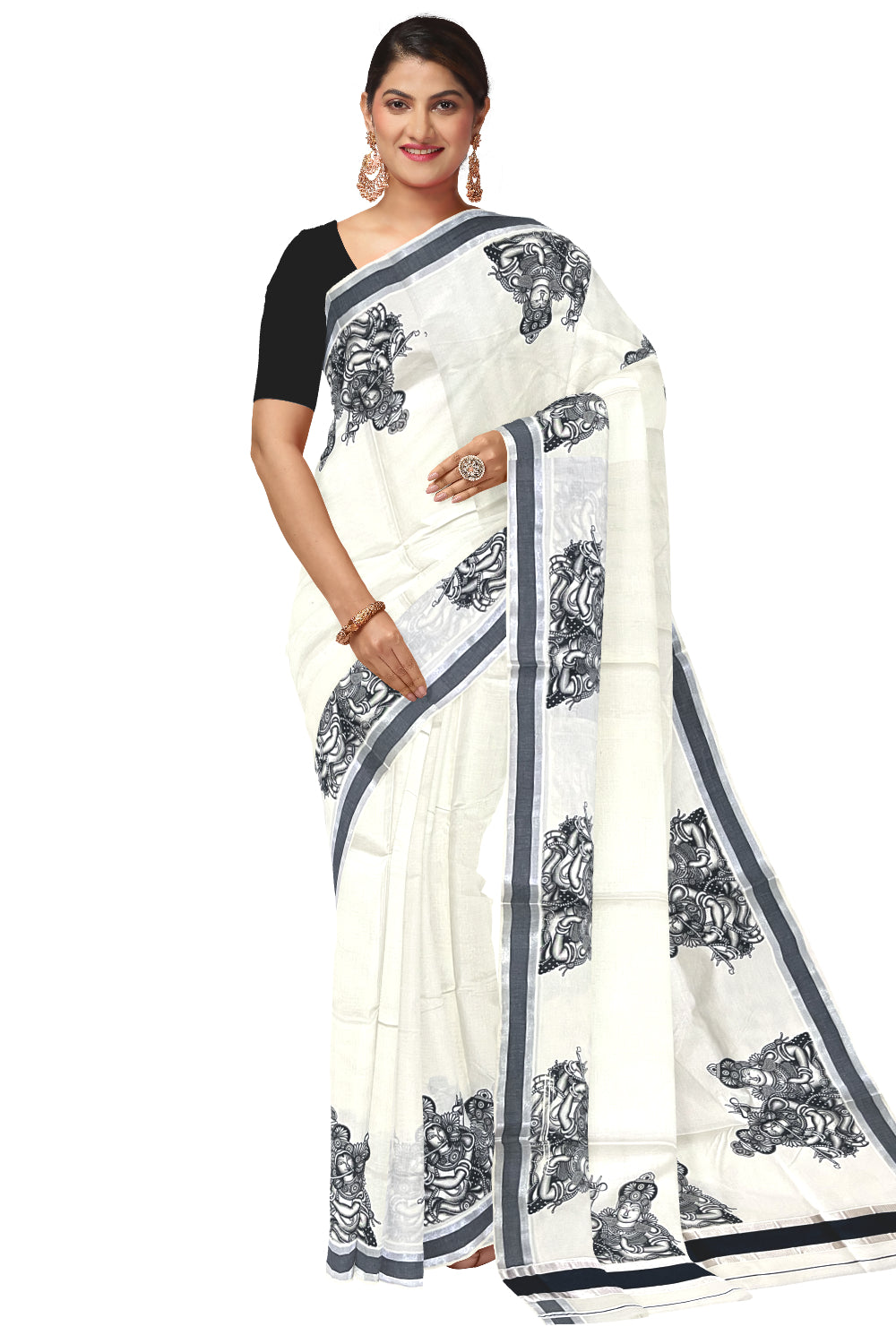 Pure Cotton Kerala Silver Kasavu Saree with Krishna Radha Mural Prints and Black Border (Onam Saree 2023)