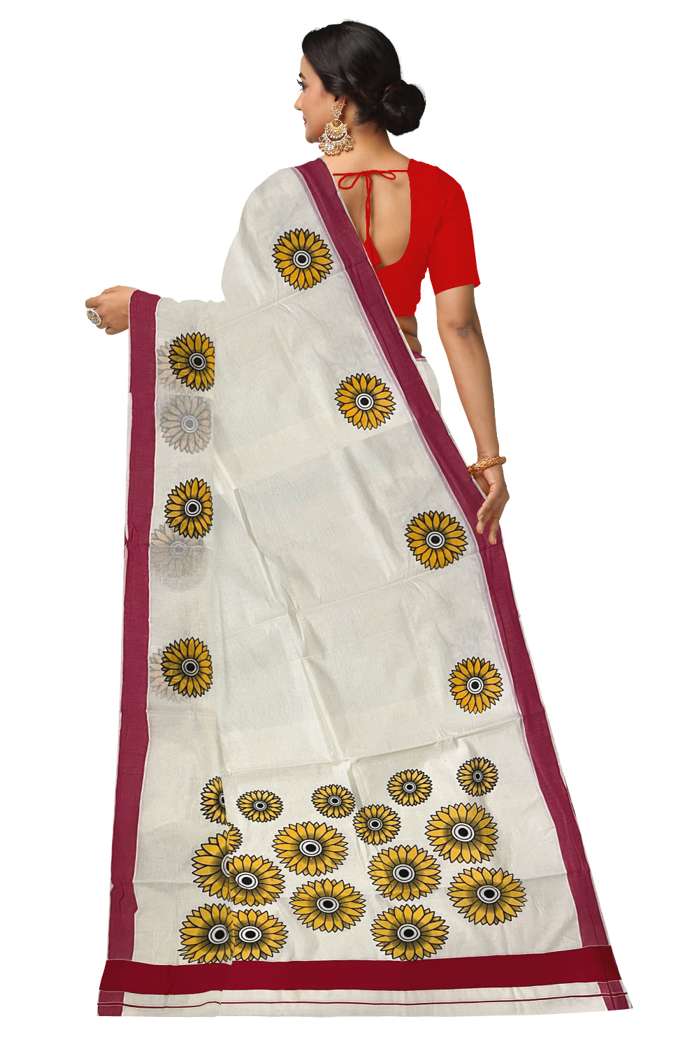 Kerala Cotton Saree with Sunflower Prints on Body and Red Border