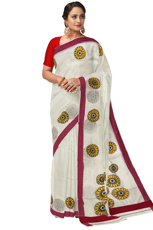 Kerala Cotton Saree with Sunflower Prints on Body and Red Border