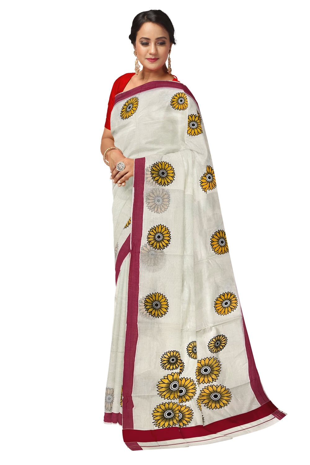 Kerala Cotton Saree with Sunflower Prints on Body and Red Border