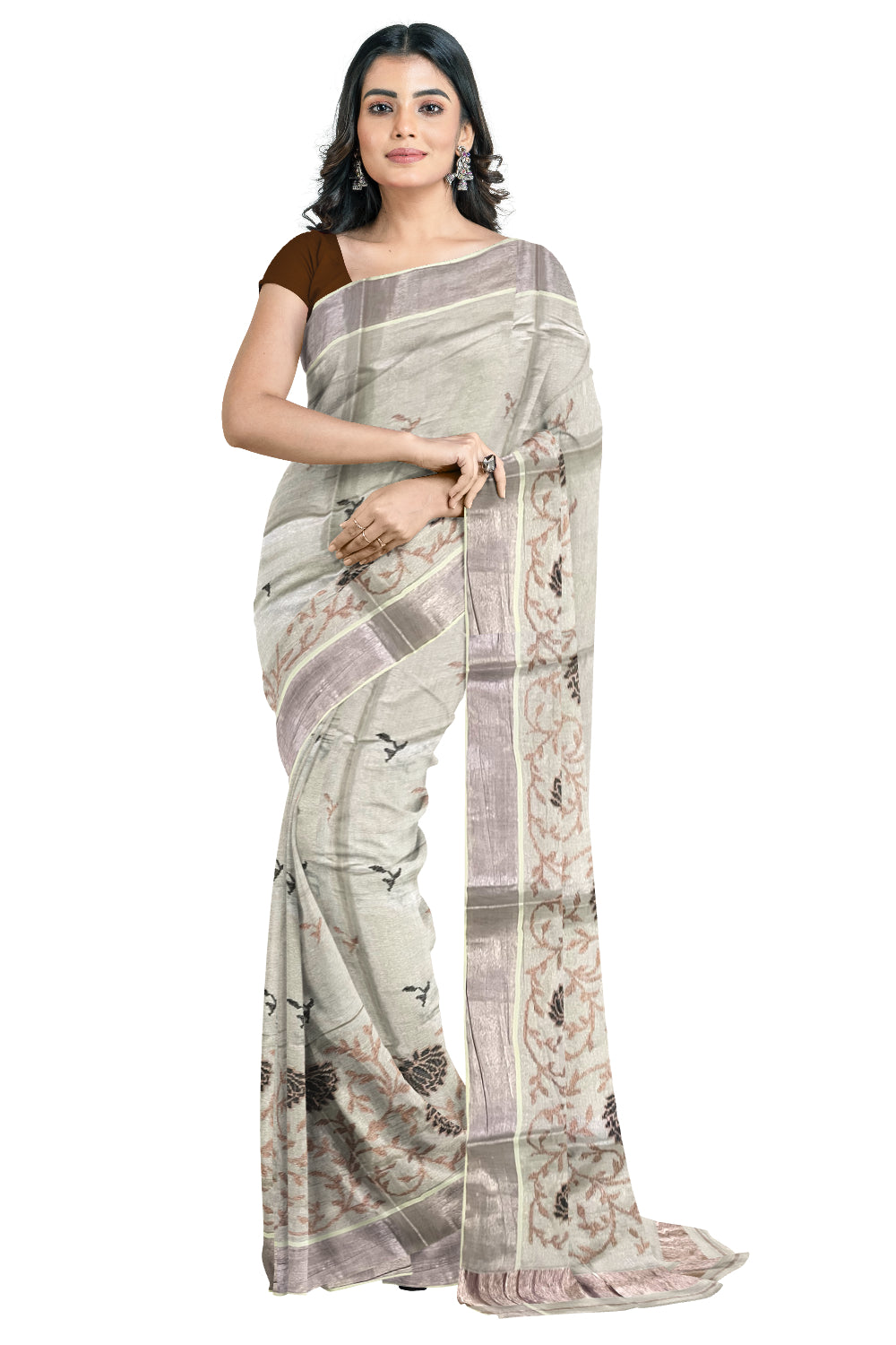 Kerala Rose Copper Tissue Kasavu Saree with Black Embroidery Works on Body