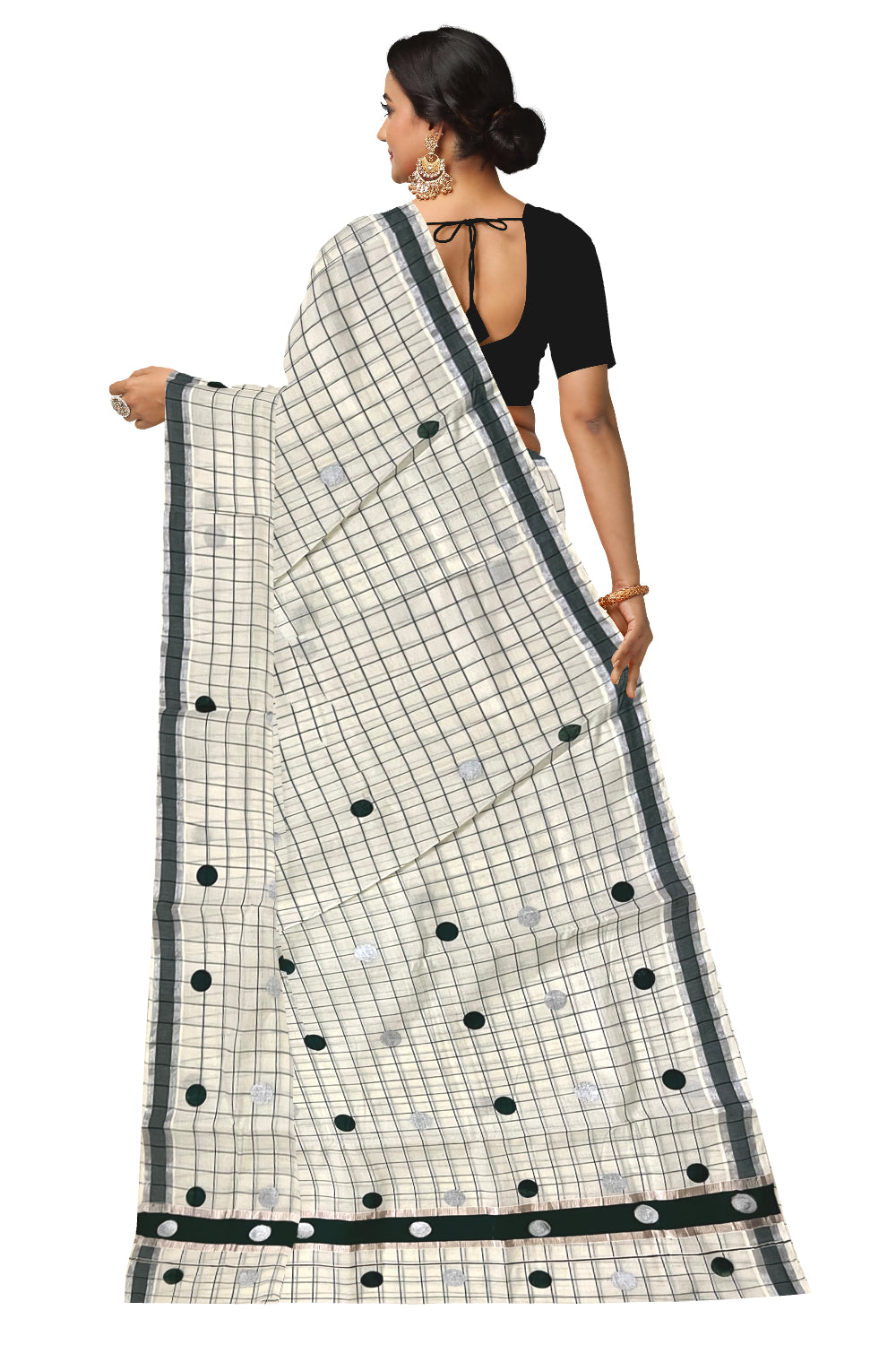 Kerala Pure Cotton Check Designs Saree with Silver and Dark Green Polka Prints