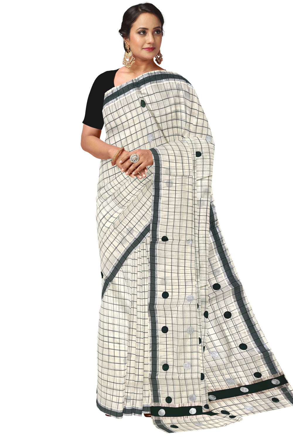 Kerala Pure Cotton Check Designs Saree with Silver and Dark Green Polka Prints