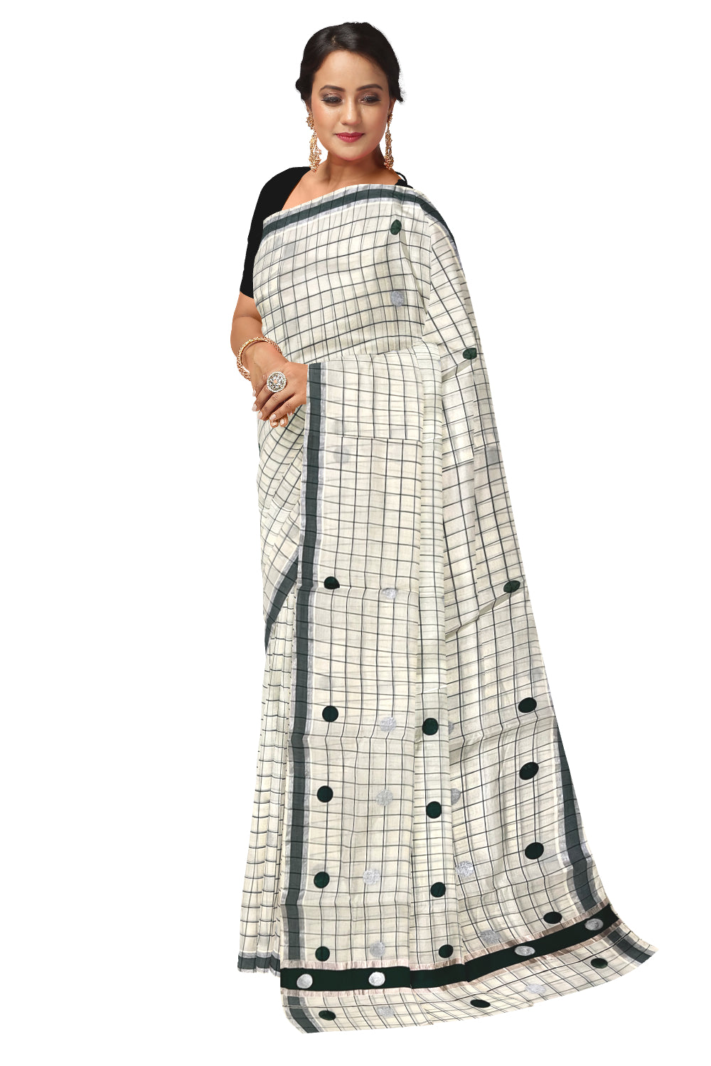 Kerala Pure Cotton Check Designs Saree with Silver and Dark Green Polka Prints