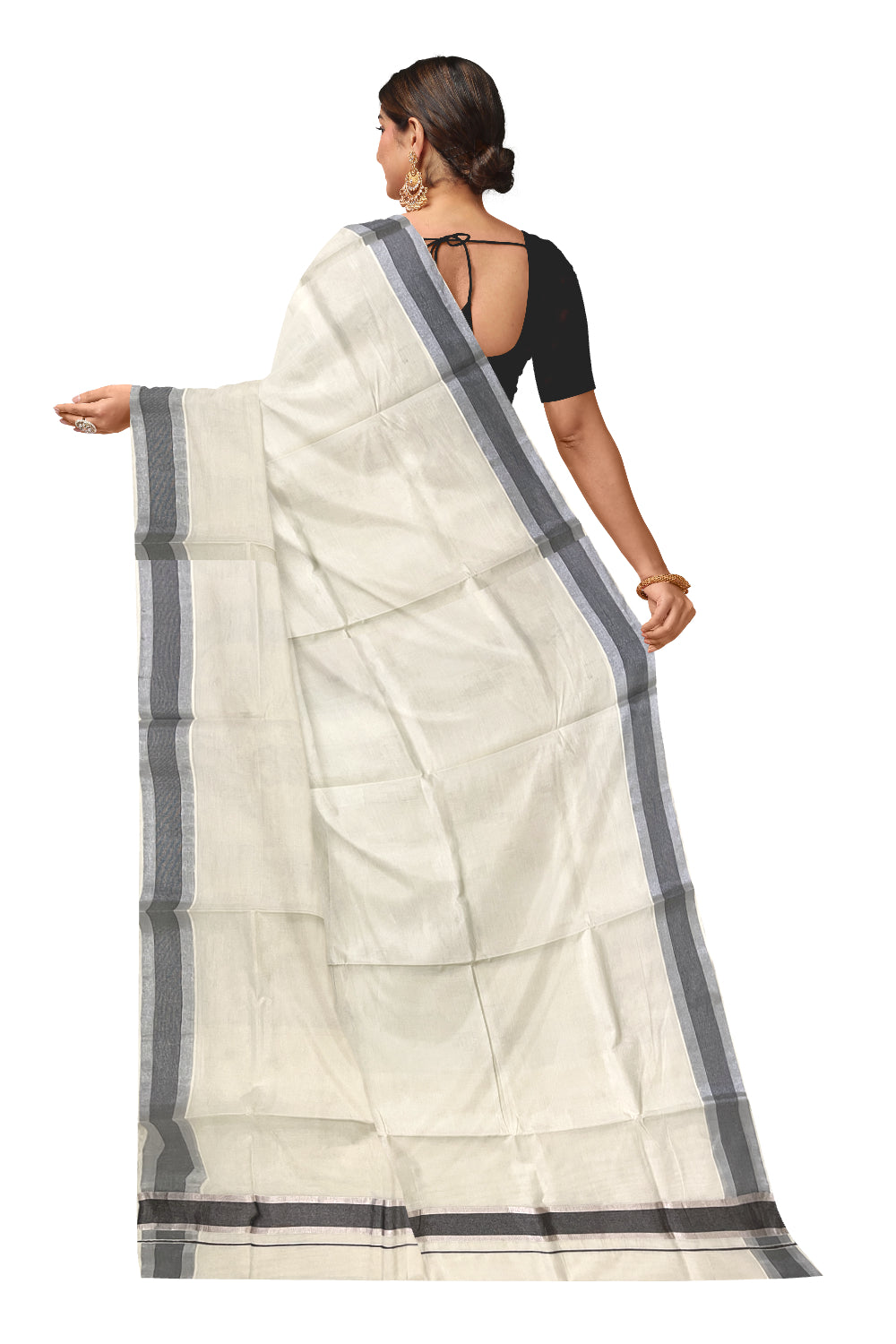 Kerala Pure Cotton Plain Saree with Silver Kasavu and Black Woven Border