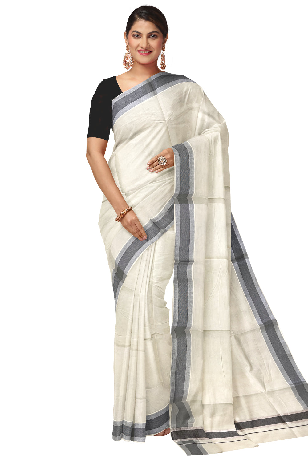 Kerala Pure Cotton Plain Saree with Silver Kasavu and Black Woven Border