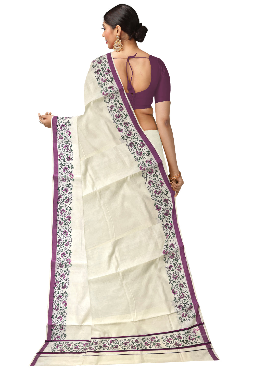 Pure Cotton Kerala Saree with Floral Block Prints and Magenta Border