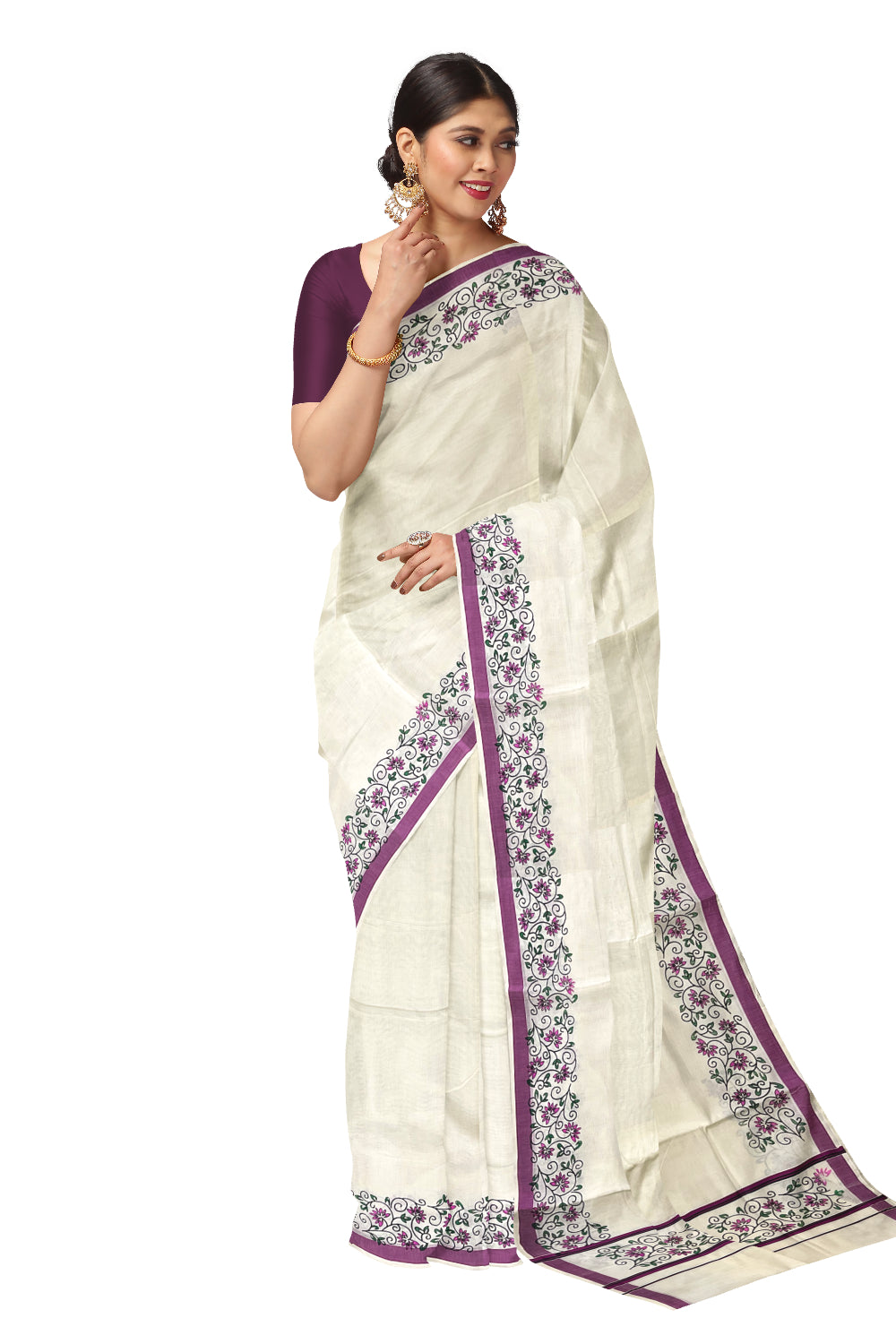 Pure Cotton Kerala Saree with Floral Block Prints and Magenta Border