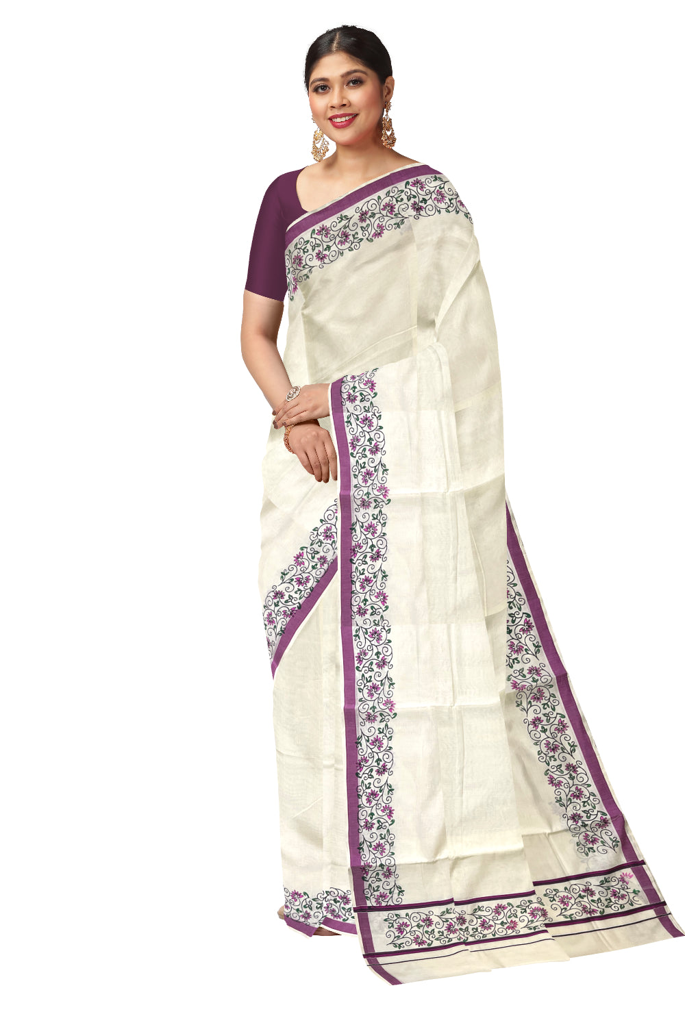 Pure Cotton Kerala Saree with Floral Block Prints and Magenta Border