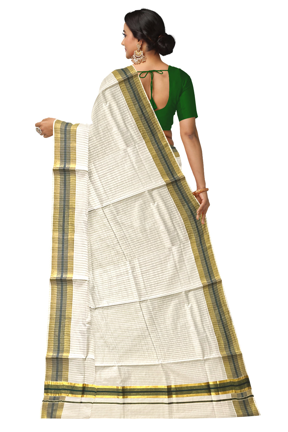 Pure Cotton Kerala Kasavu Lines Design Saree with Green Border