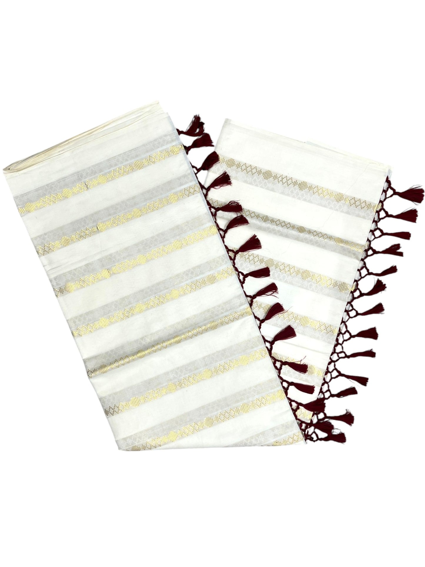 Southloom Kerala Cotton Kasavu Saree with Stripes on Body and Maroon Tussels