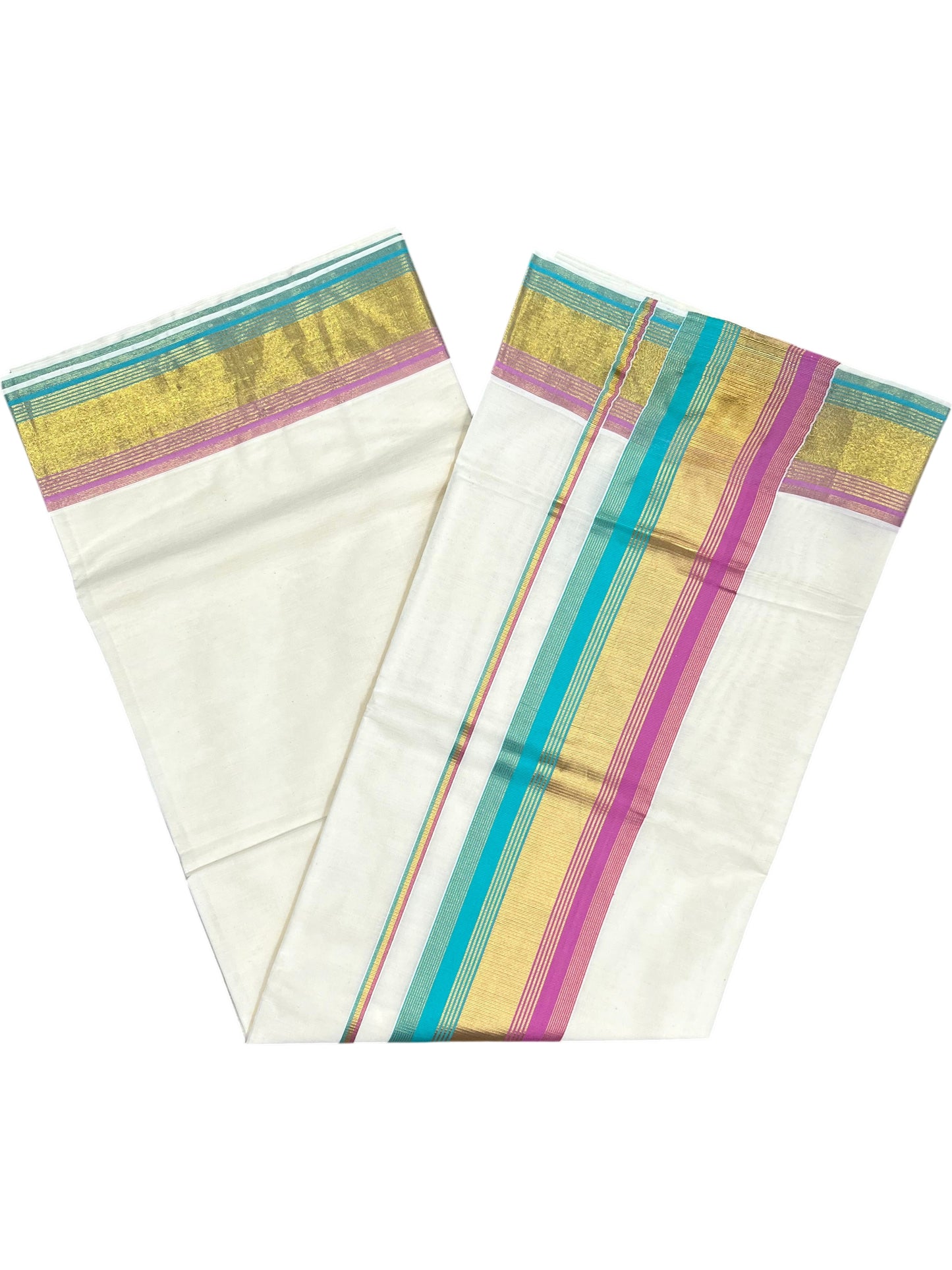 Southloom Kerala Cotton Kasavu Saree with Turquoise And Light Pink Border