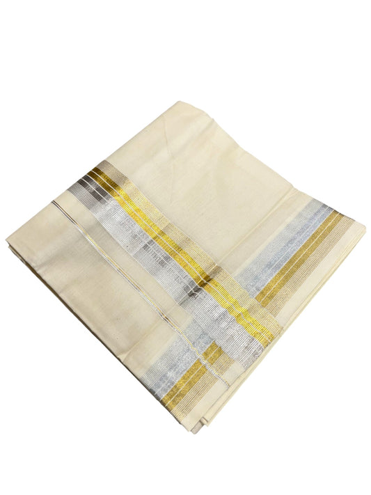 Southloom Kerala Pure Cotton Double Mundu with Silver & Gold Line Border (South Indian Dhoti)