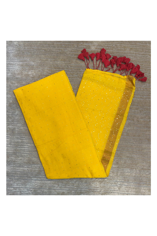 Southloom Mul Cotton 120 x 120 Soft Fabric Onam Saree in Yellow with Sequins Work