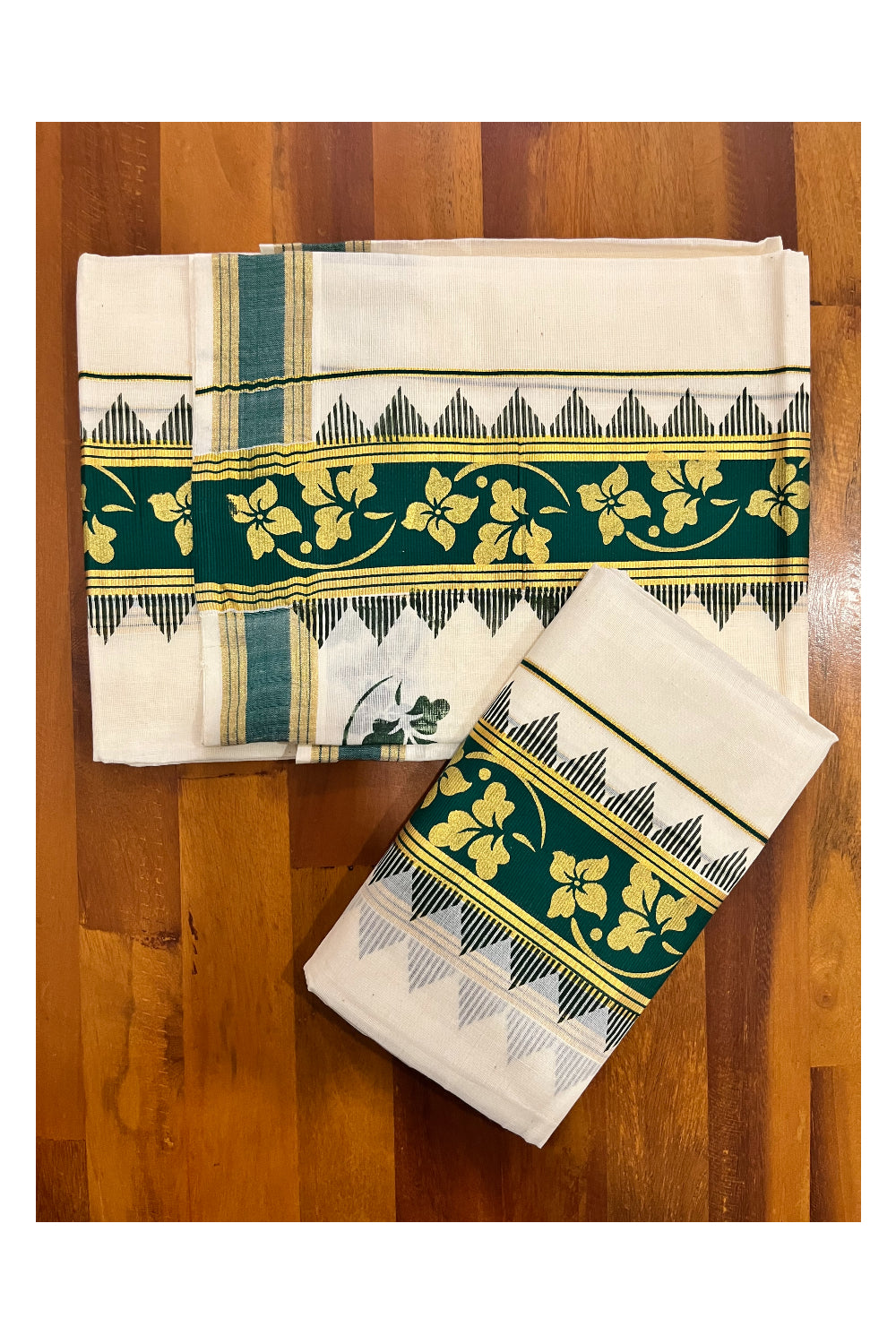 Kerala Pure Cotton Set Mundu Single (Mundum Neriyathum) with Floral Golden Block Prints on Dark Green Border