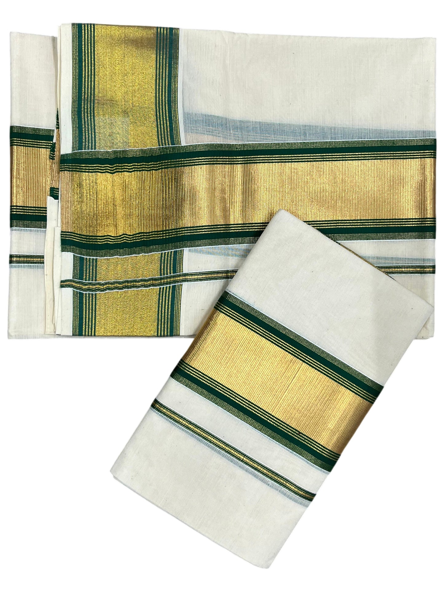 Southloom Pure Cotton Kerala  Set Mundu (Mundum Neriyathum) Single with Green and Kasavu Border 2.80 Mtrs SLKK