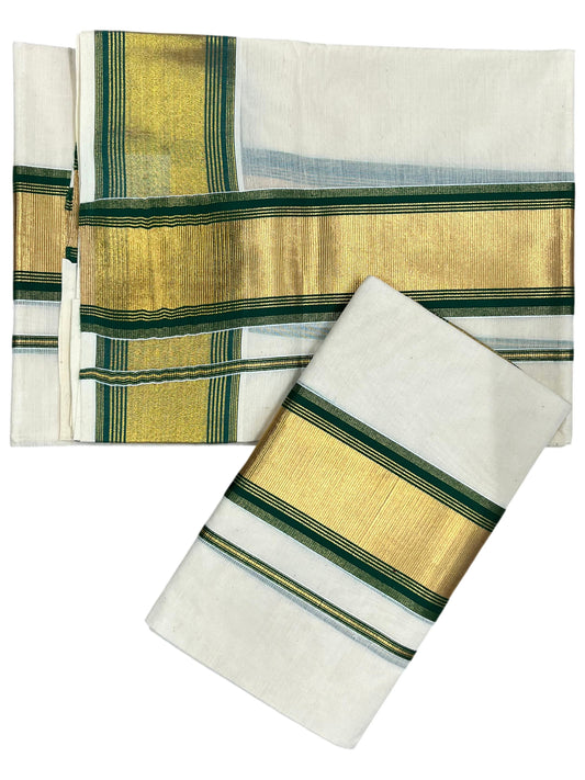 Southloom Pure Cotton Kerala Set Mundu (Mundum Neriyathum) Single with Green and Kasavu Border 2.80 Mtrs SLKK
