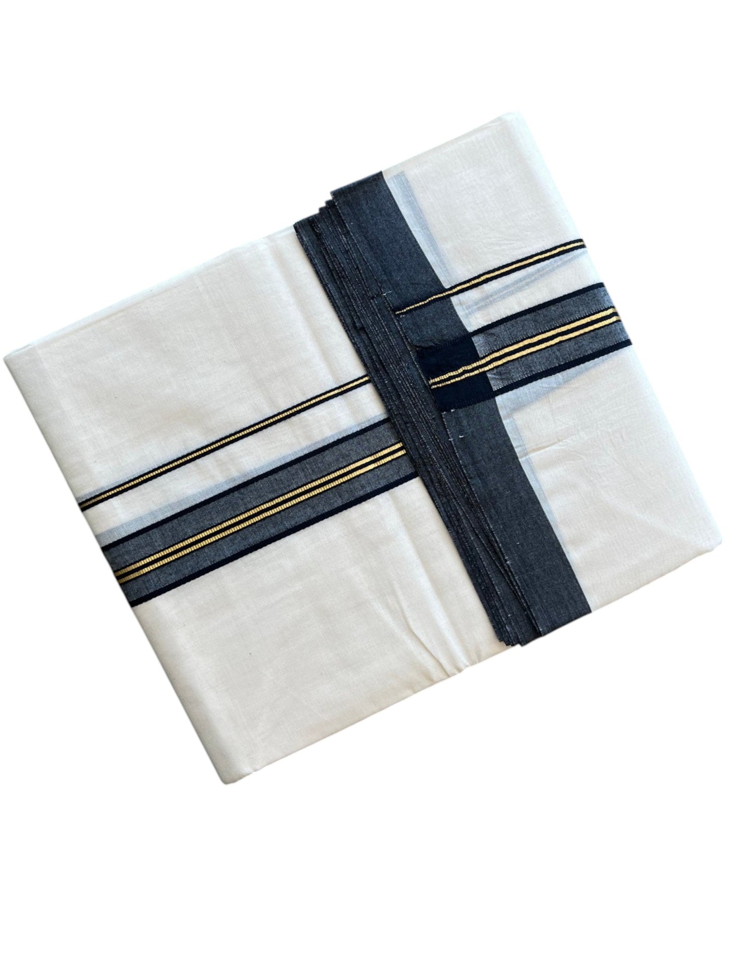 Southloom Pure Cotton Mundu with Golden Lines and Black Border (South Indian Kerala Dhoti)