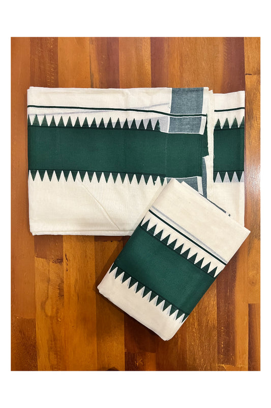 Kerala Pure Cotton Set Mundu Single (Mundum Neriyathum) with Dark Green Temple Border 2.80Mtrs