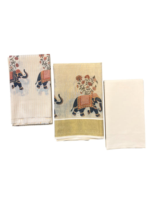 Southloom Kerala Tissue Churidar Salwar Material with Elephant Painted Floral Designs (include Shawl / Dupatta)