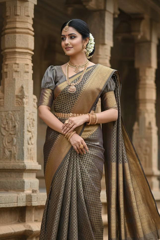 Southloom Brocade Silk Bridal Saree WIth Woven Borders And Blouse Piece
