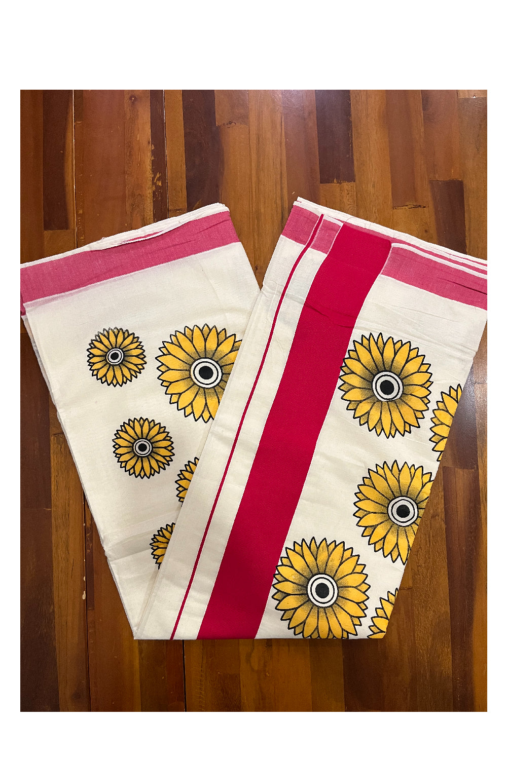 Kerala Cotton Saree with Sunflower Prints on Body and Red Border