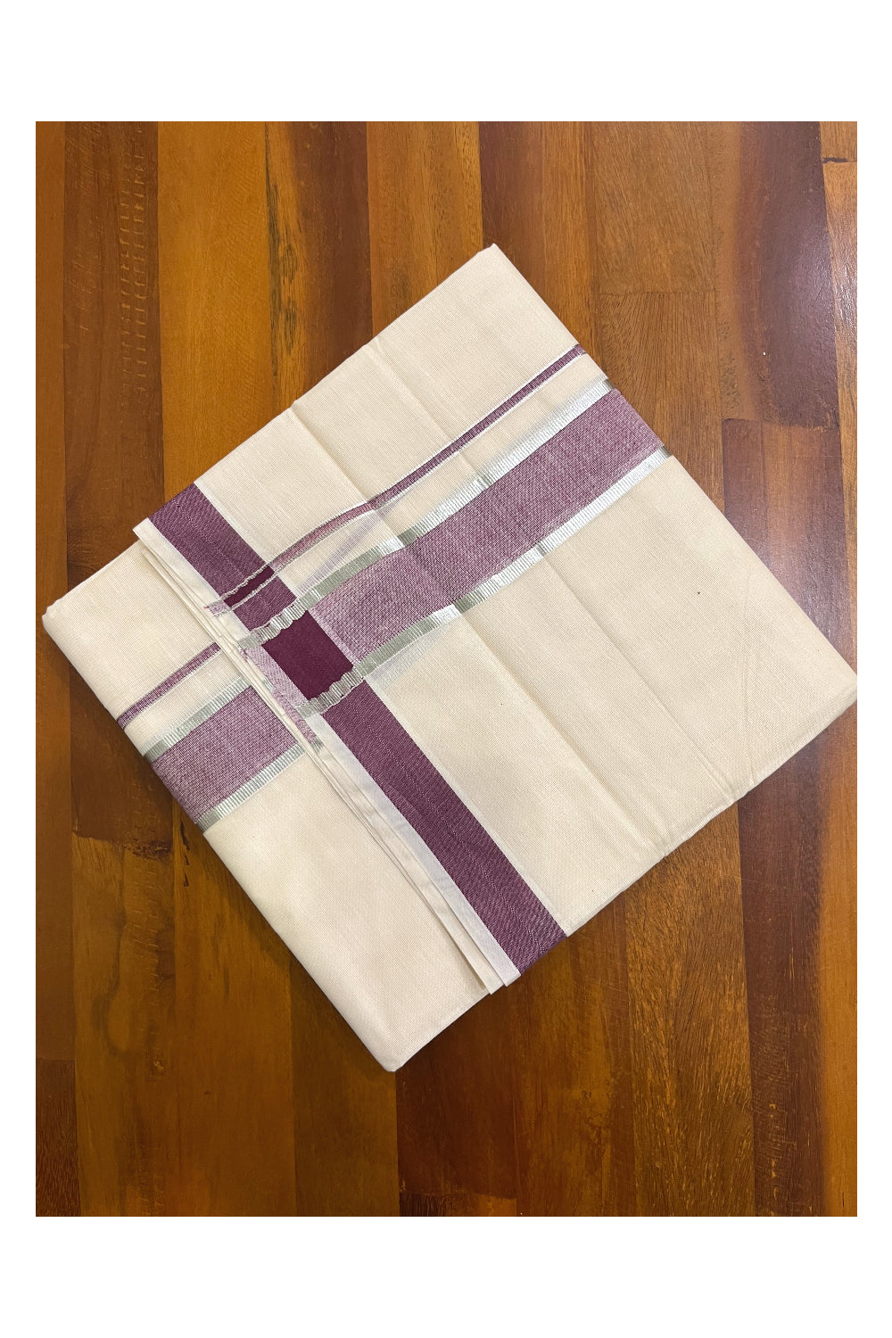 Kerala Pure Cotton Double Mundu with Purple and Silver Kasavu Border (South Indian Kerala Dhoti)