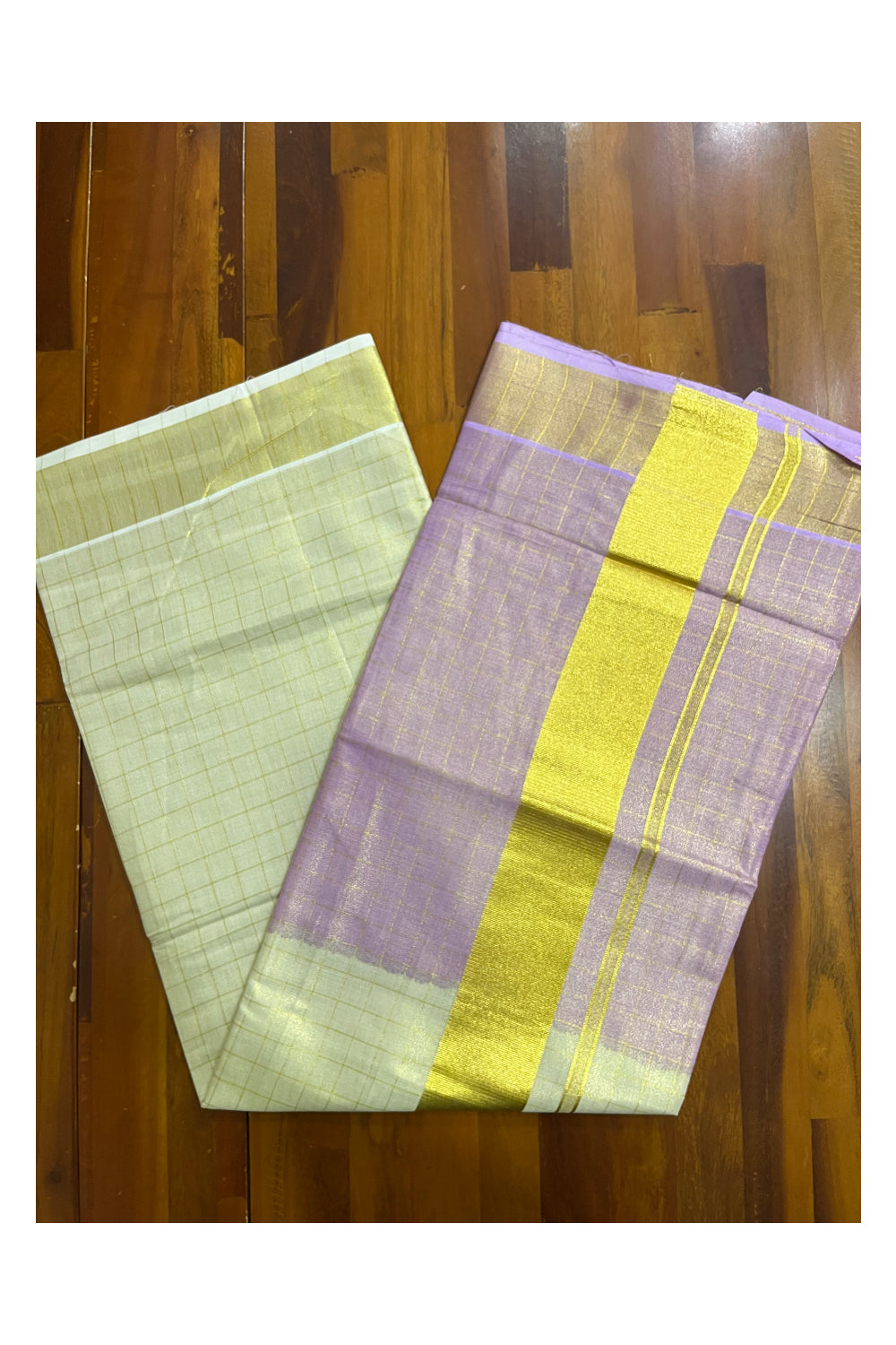 Southloom Tie & Dye - Half & Half  Multi Colour Violet Design Saree with Kasavu Checks Across Body